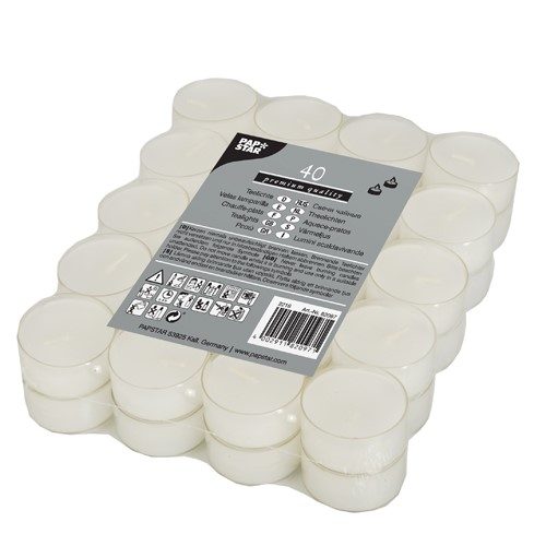 82097_40 White Tealights in Clear Polycarbonate cup 38 x 19mm